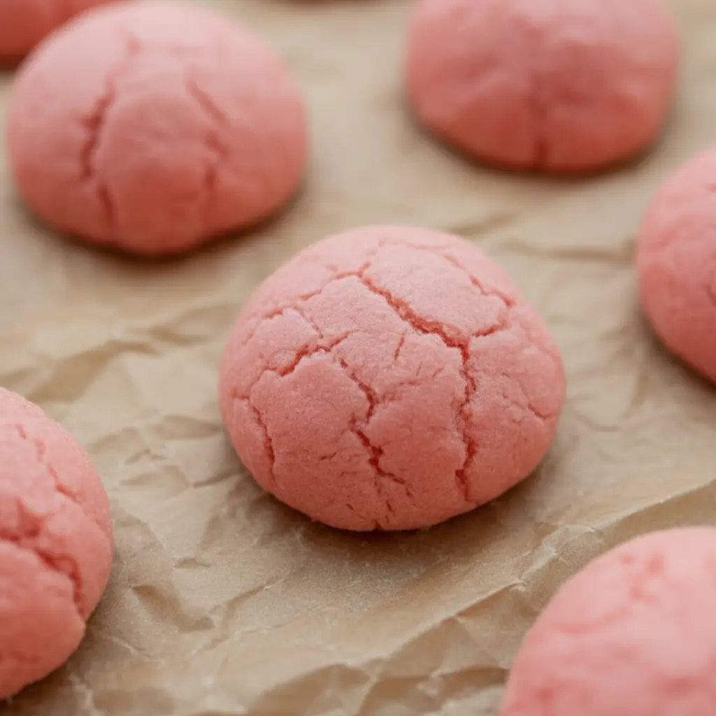 Close-up of Strawberry cookies showing crinkle texture detail