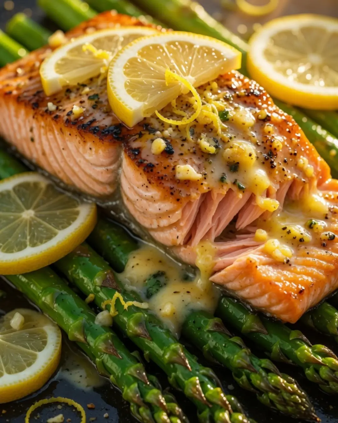 Baked salmon fillet resting on fresh asparagus spears, topped with creamy garlic sauce and lemon slices, perfect for 5 ingredient healthy recipes.