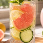 A tall glass of sparkling detox water filled with grapefruit, lemon, cucumber, and mint, a perfect hydration companion for the pink salt trick recipe for weight loss with baking soda.