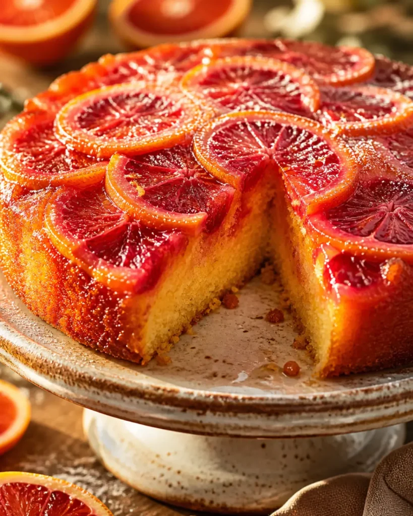 A close-up shot of a silver dessert fork lifting a thick slice of golden sponge cake. The top of the slice features a caramelized blood orange piece dripping with sweet, sticky syrup. blood type orange recipe