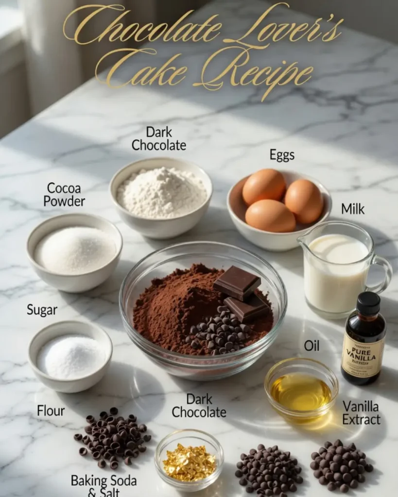 Baking ingredients for a chocolate cake recipe laid out in glass and ceramic bowls on a white marble countertop.