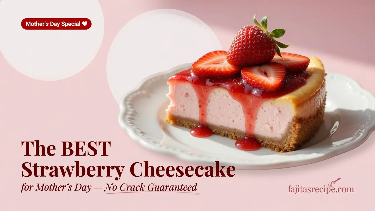 A close-up of a slice of strawberry cheesecake topped with fresh strawberries and glossy red syrup on a white plate, alongside text promoting it as a Mother's Day special.