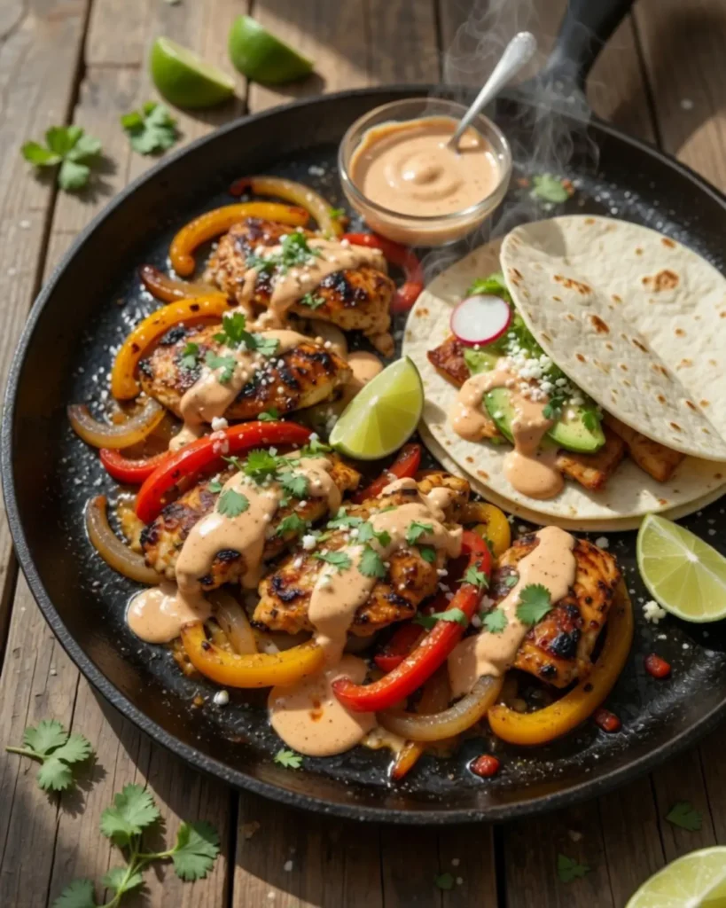 Homemade chicken fajitas sizzling in a cast iron skillet with grilled bell peppers, onions, drizzled chipotle sauce, fresh cilantro, and lime wedges on a wooden table