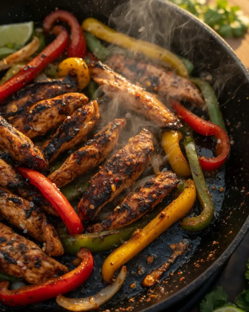 Sizzling chicken strips, sliced onions, and bell peppers cooking in a cast-iron skillet for an easy fajitas recipe ready in 20 minutes.