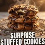 A stack of three freshly baked Surprise Inside Cookies on a wire rack, with the top cookie broken open to reveal a melted, gooey marshmallow center pulling apart.
