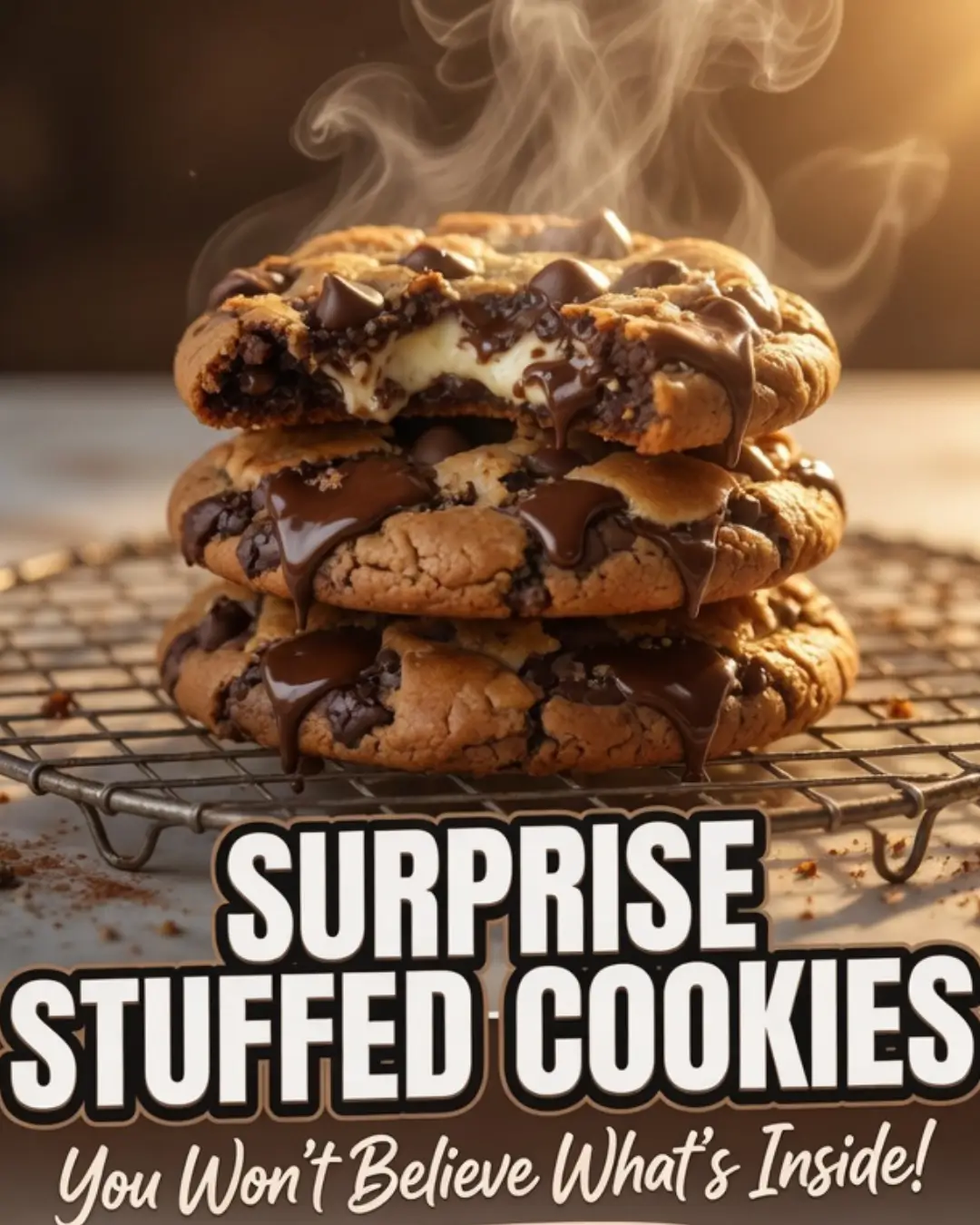 A stack of three freshly baked Surprise Inside Cookies on a wire rack, with the top cookie broken open to reveal a melted, gooey marshmallow center pulling apart.