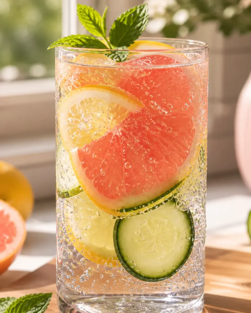 A tall glass of sparkling detox water filled with grapefruit, lemon, cucumber, and mint, a perfect hydration companion for the pink salt trick recipe for weight loss with baking soda.