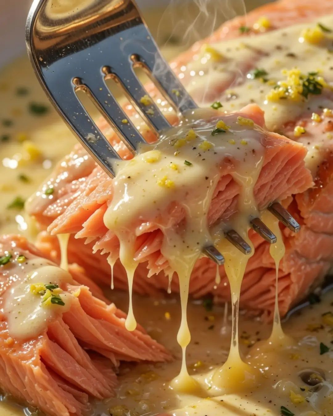 Close-up of a silver fork lifting a tender, flaky bite of salmon smothered in a rich, dripping lemon cream sauce. Ideal for quick 5 ingredient healthy recipes.