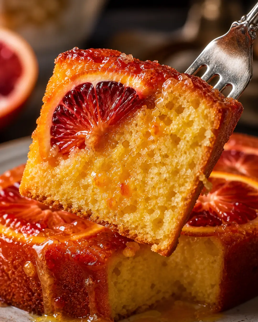 A whole, freshly baked blood orange upside-down cake resting on a rustic ceramic cake stand. One slice has been removed, revealing a fluffy golden crumb beneath the glossy, ruby-red citrus topping.