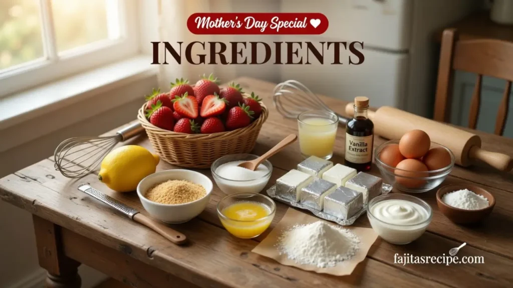 A rustic wooden table displaying all the raw ingredients needed to bake a strawberry cheesecake, including a basket of fresh strawberries, blocks of cream cheese, eggs, butter, and graham cracker crumbs.