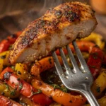 A silver fork holding a steaming piece of seasoned chicken over roasted bell peppers, perfect for an easy fajitas recipe ready in 20 minutes.