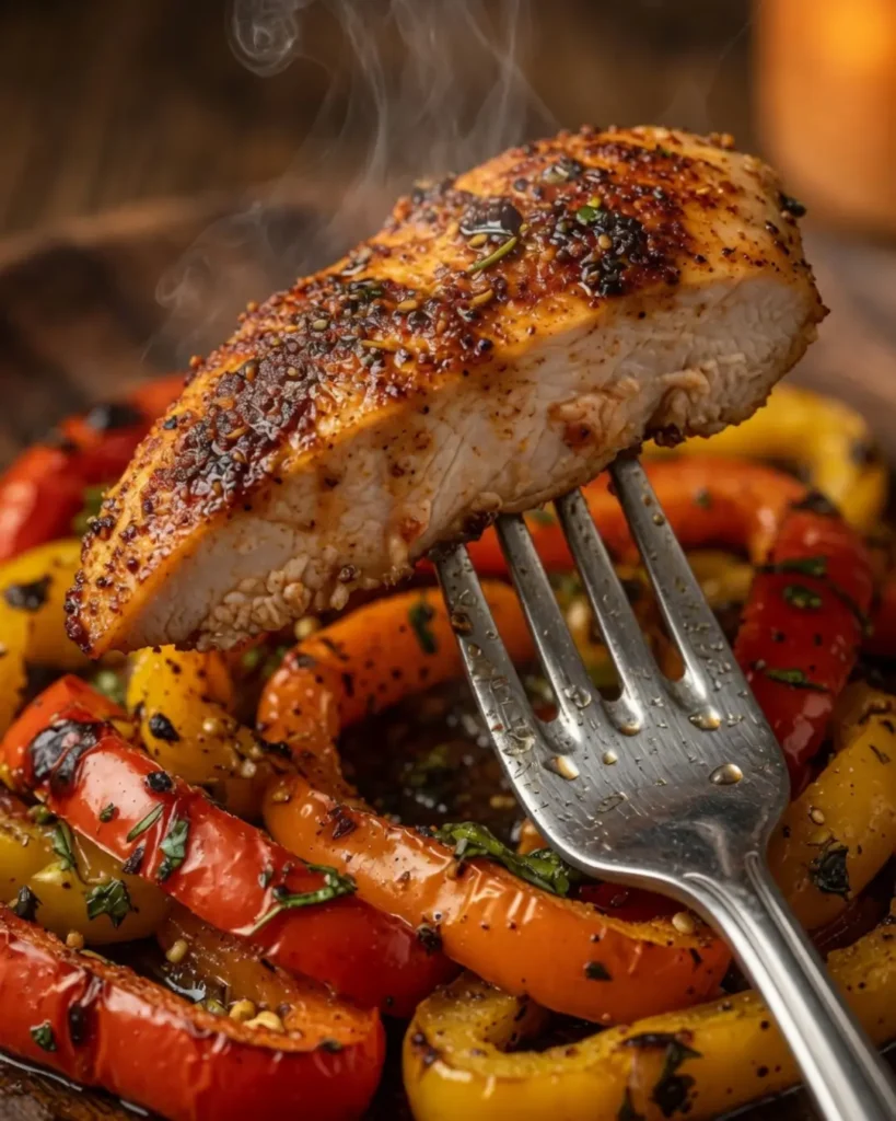 A silver fork holding a steaming piece of seasoned chicken over roasted bell peppers, perfect for an easy fajitas recipe ready in 20 minutes.