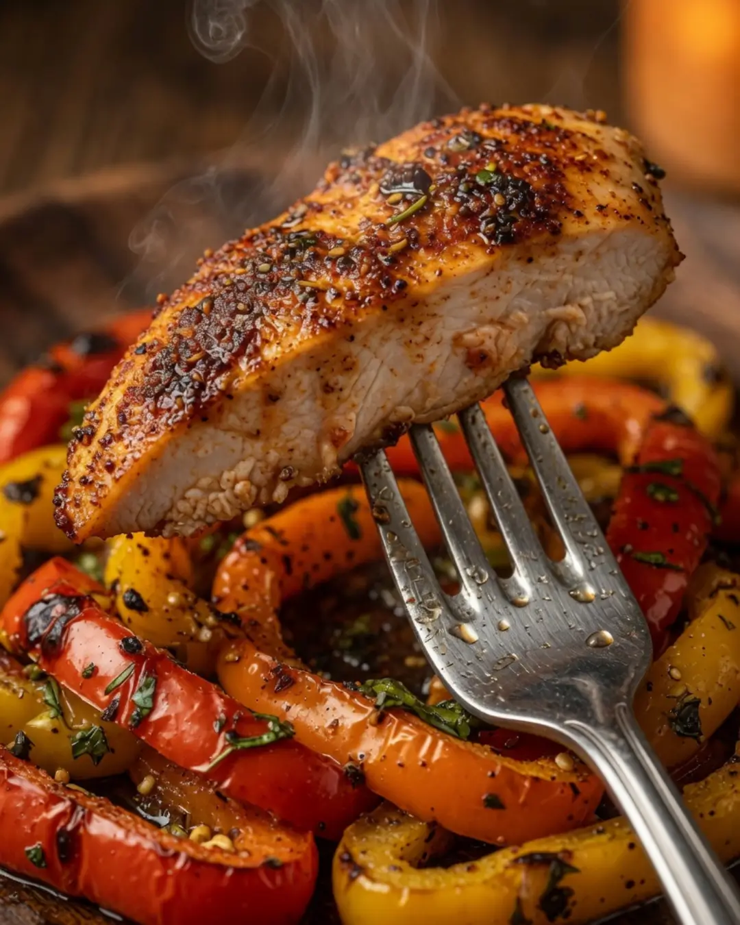 A silver fork holding a steaming piece of seasoned chicken over roasted bell peppers, perfect for an easy fajitas recipe ready in 20 minutes.