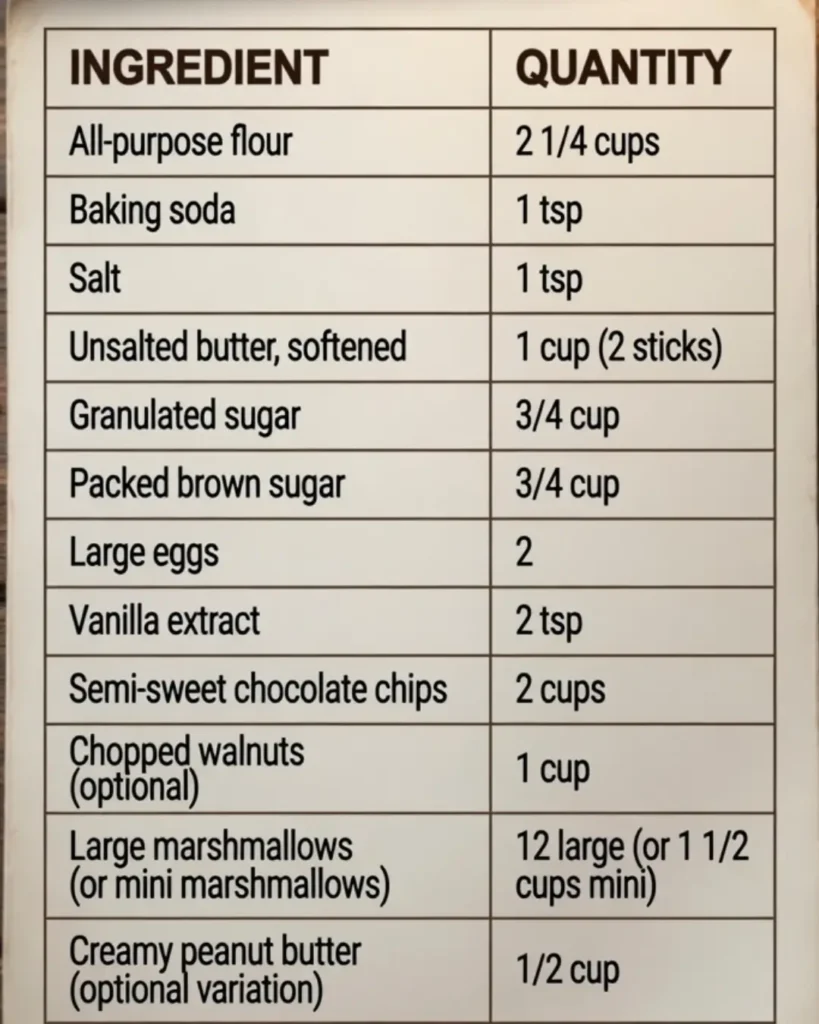 A detailed recipe card showing the exact measurements and ingredients needed to bake Chef Luna's marshmallow Surprise Inside Cookies.