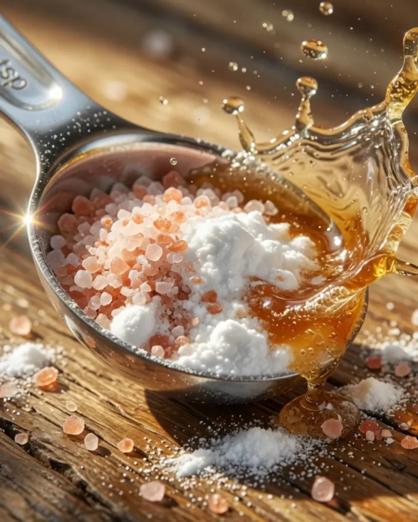Close-up of a measuring spoon mixing Himalayan pink salt, white baking soda, and a splashing golden liquid, illustrating the core ingredients of the pink salt trick recipe for weight loss with baking soda.