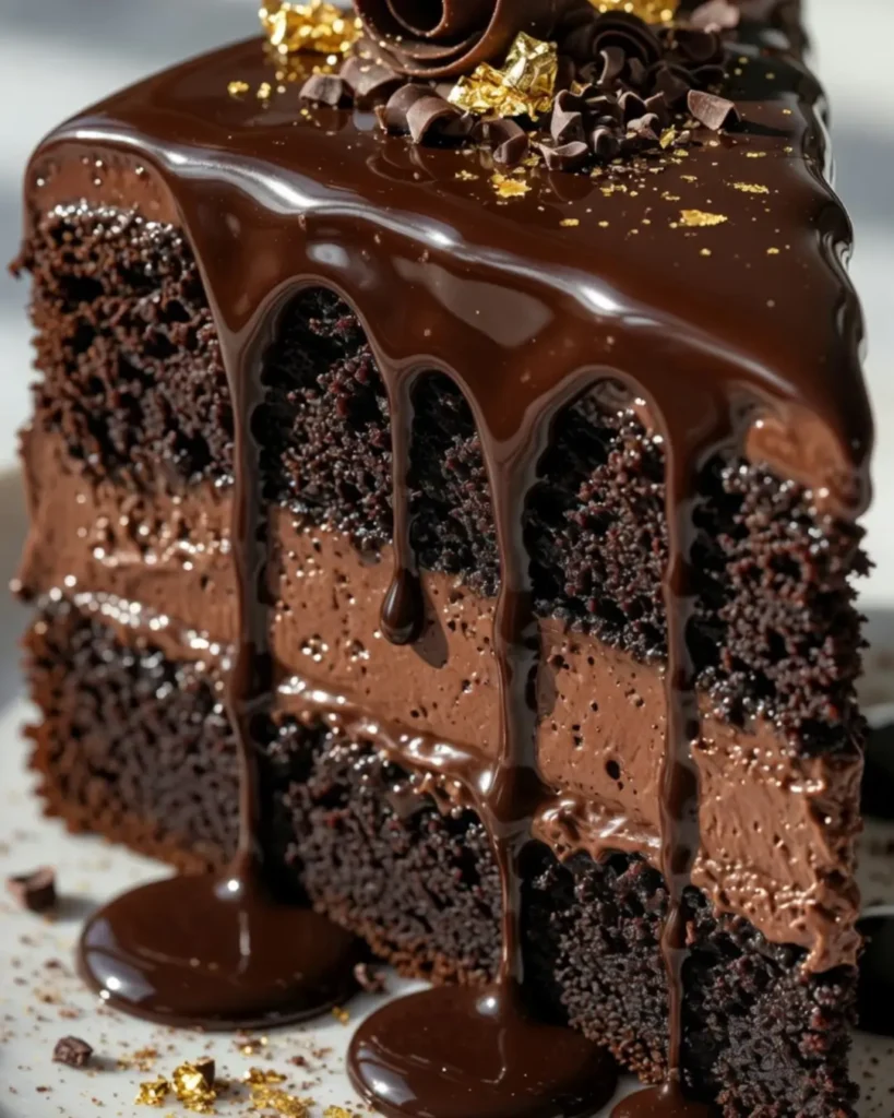 A decadent, multi-layered slice of chocolate cake featuring a thick ganache drip, chocolate curls, and edible gold leaf.