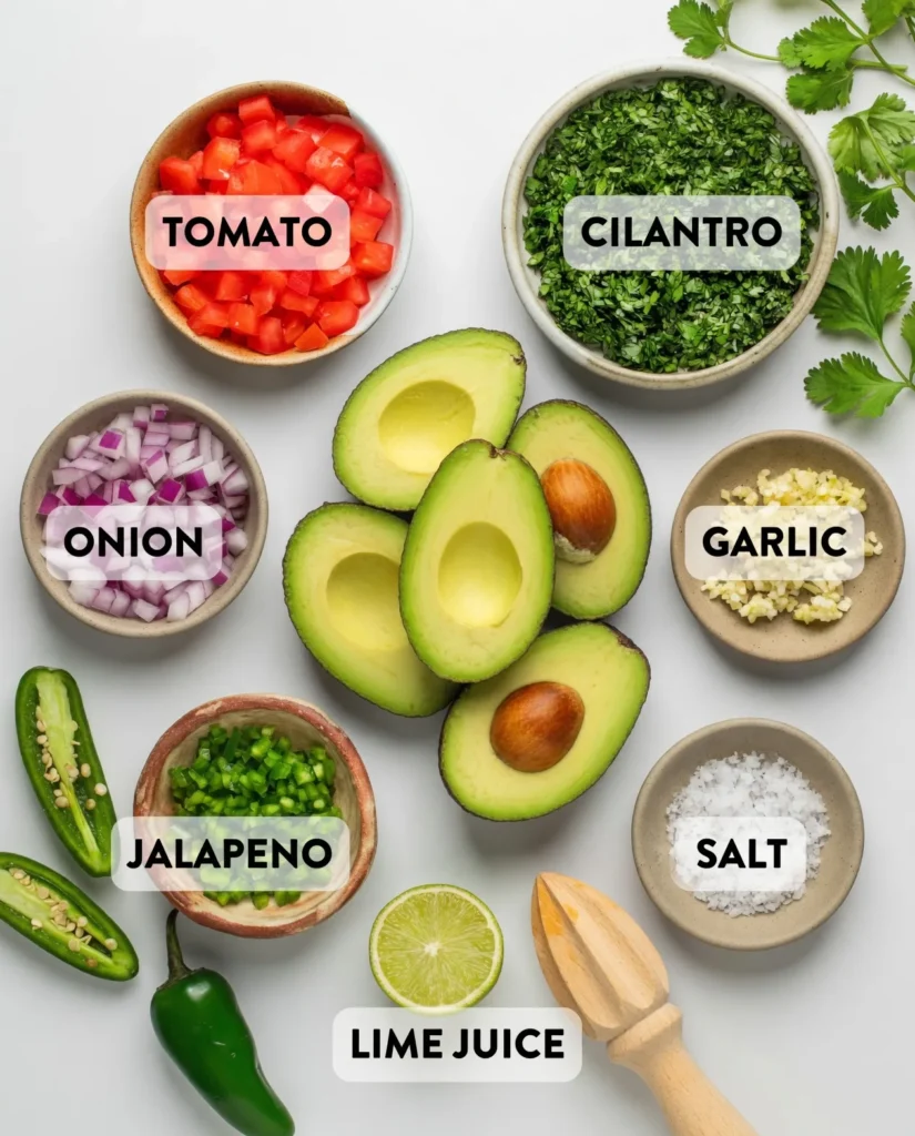 Fresh ingredients including ripe hass avocados, roma tomatoes, cilantro, and garlic laid out on a wooden cutting board.