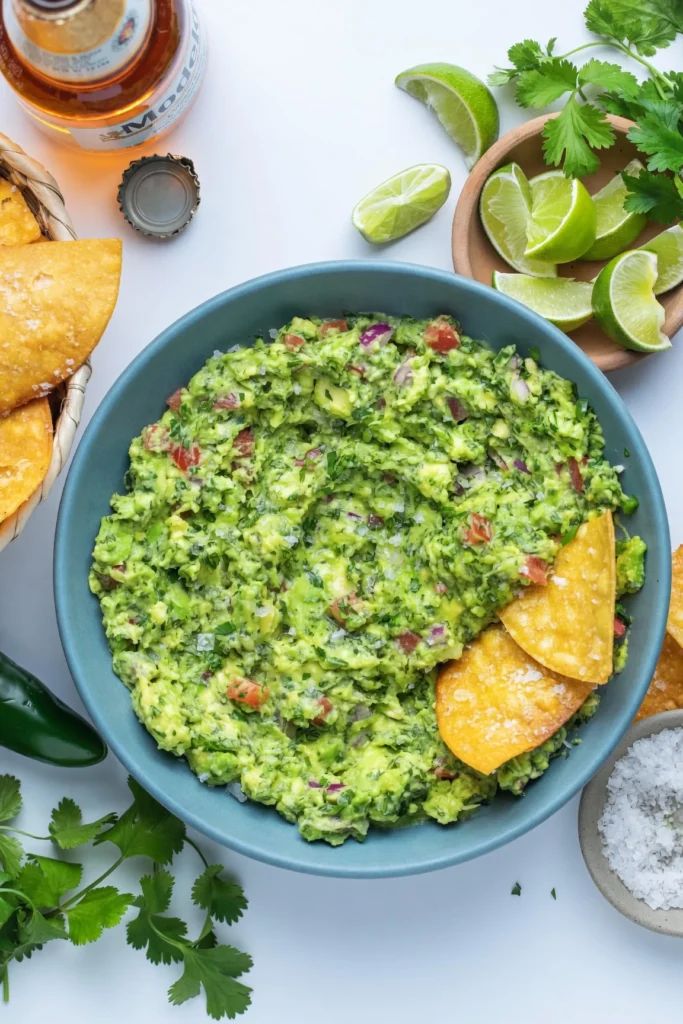 Mashing avocados with a fork in a glass bowl to achieve the perfect chunky texture.