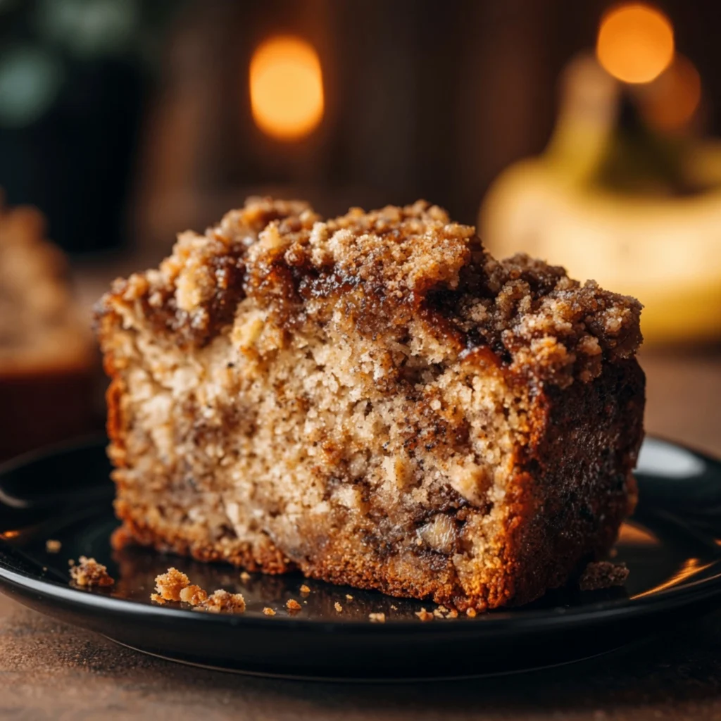 A thick slice of banana bread with streusel topping on a white plate showing a moist crumb and crunchy topping.