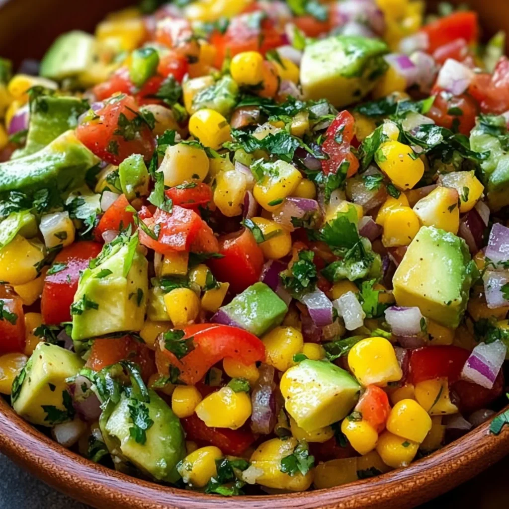 Fresh corn avocado and tomato salad tossed with cilantro lime dressing in a large serving bowl.