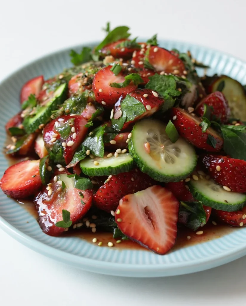 Learn how to make the perfect Cucumber Strawberry Salad tossed in a creamy poppy seed dressing. A refreshing, easy-to-prep dish for any summer gathering!