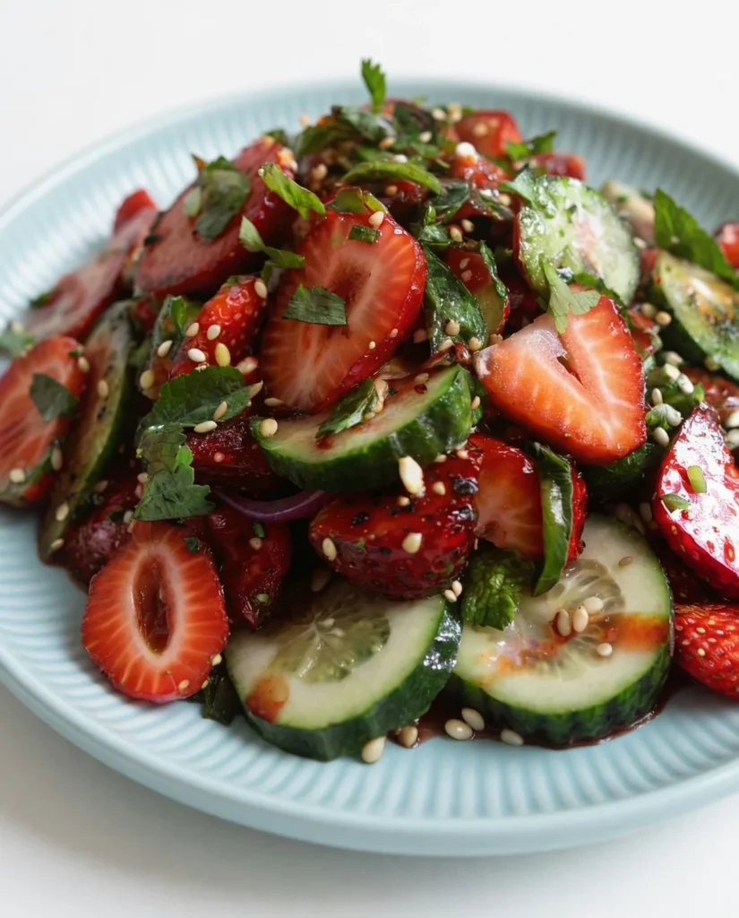Learn how to make the perfect Cucumber Strawberry Salad tossed in a creamy poppy seed dressing. A refreshing, easy-to-prep dish for any summer gathering!