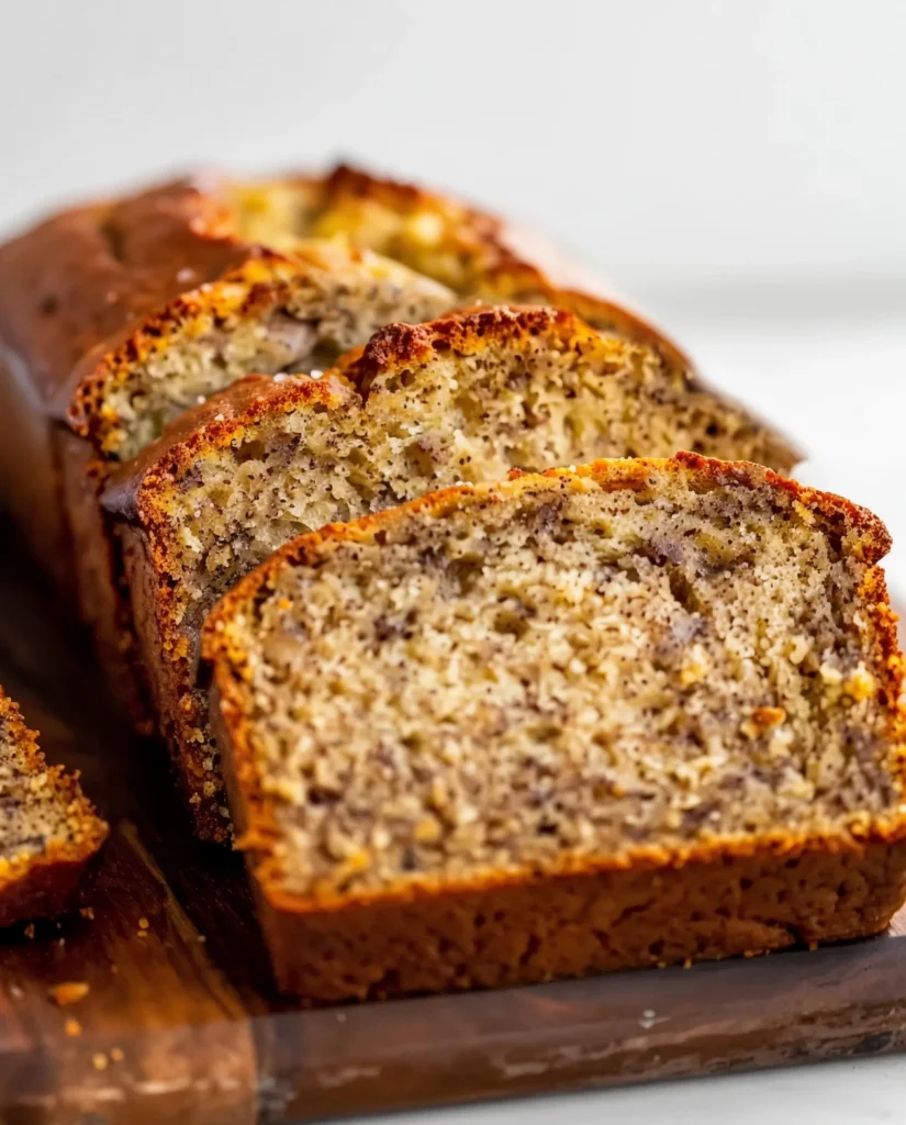 A freshly sliced piece of easy moist banana bread on a rustic wire cooling rack.