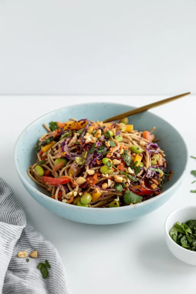 Thai noodle salad made easy! Discover my ultimate recipe featuring a creamy peanut dressing, crunchy veggies, and perfect rice noodles. Ready in 20 minutes!