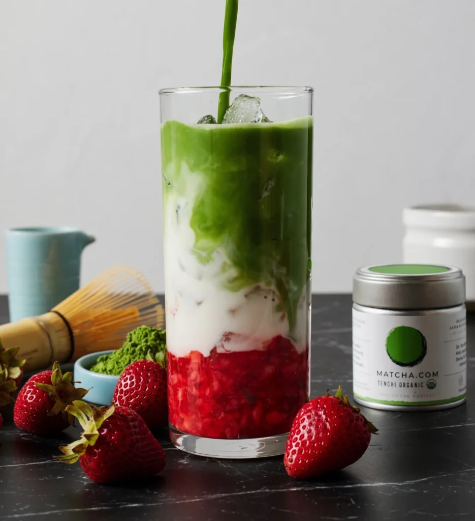 Iced Strawberry Matcha Latte is a refreshing, layered drink you can easily make at home. Get the barista-secret recipe for the perfect sweet matcha blend!