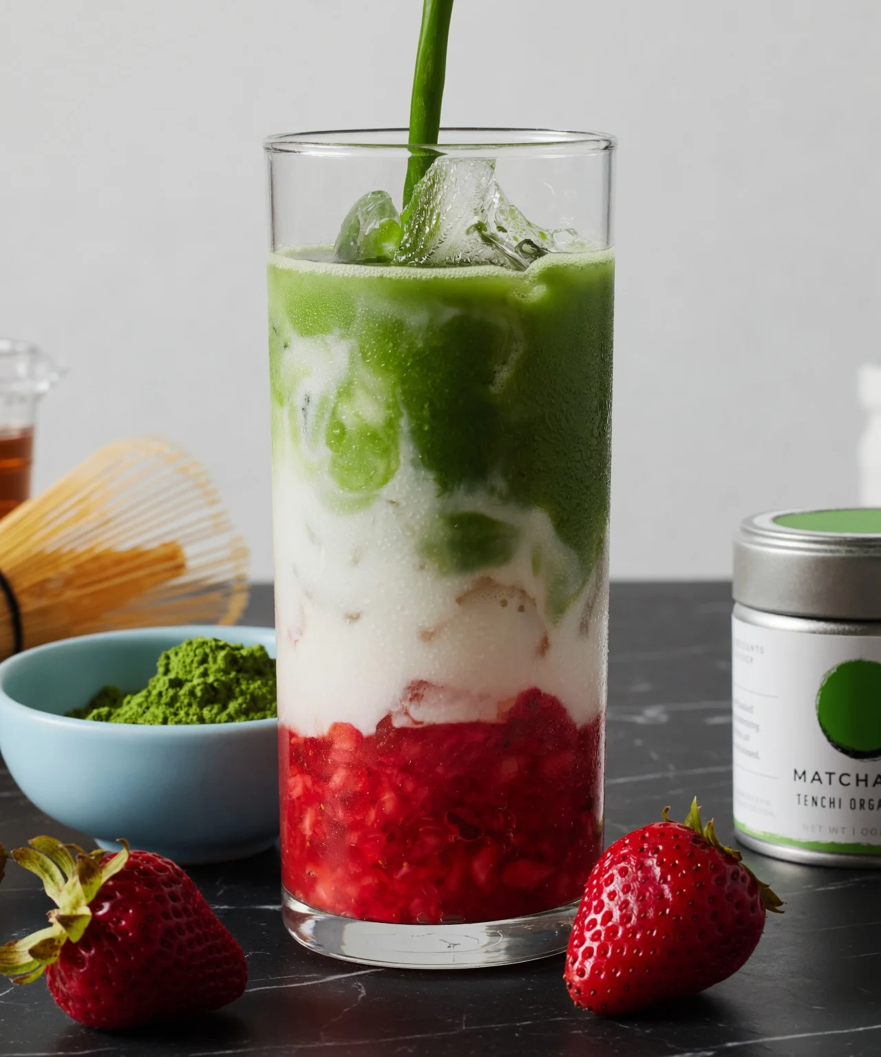 Iced Strawberry Matcha Latte is a refreshing, layered drink you can easily make at home. Get the barista-secret recipe for the perfect sweet matcha blend!