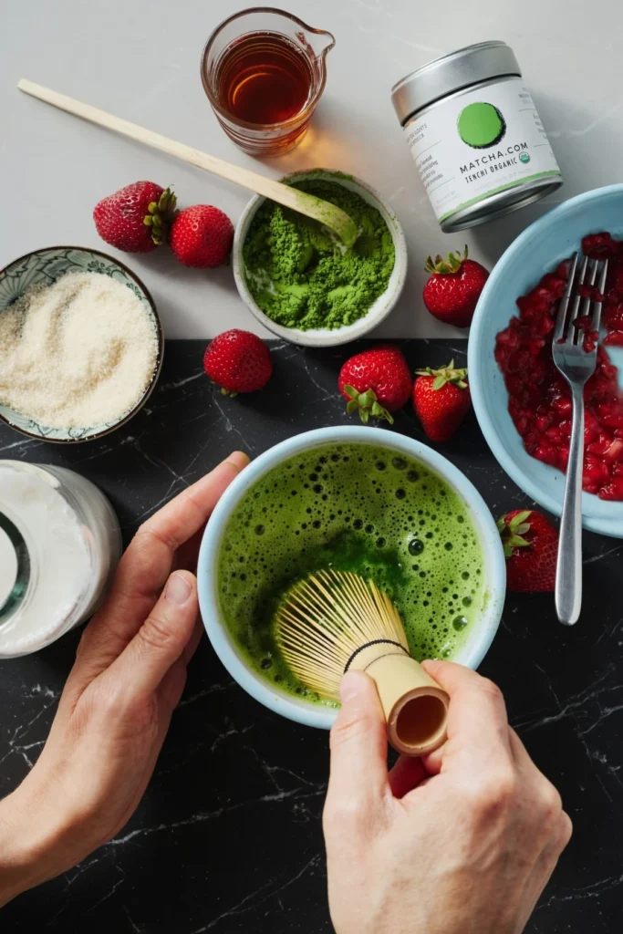 Iced Strawberry Matcha Latte is a refreshing, layered drink you can easily make at home. Get the barista-secret recipe for the perfect sweet matcha blend!