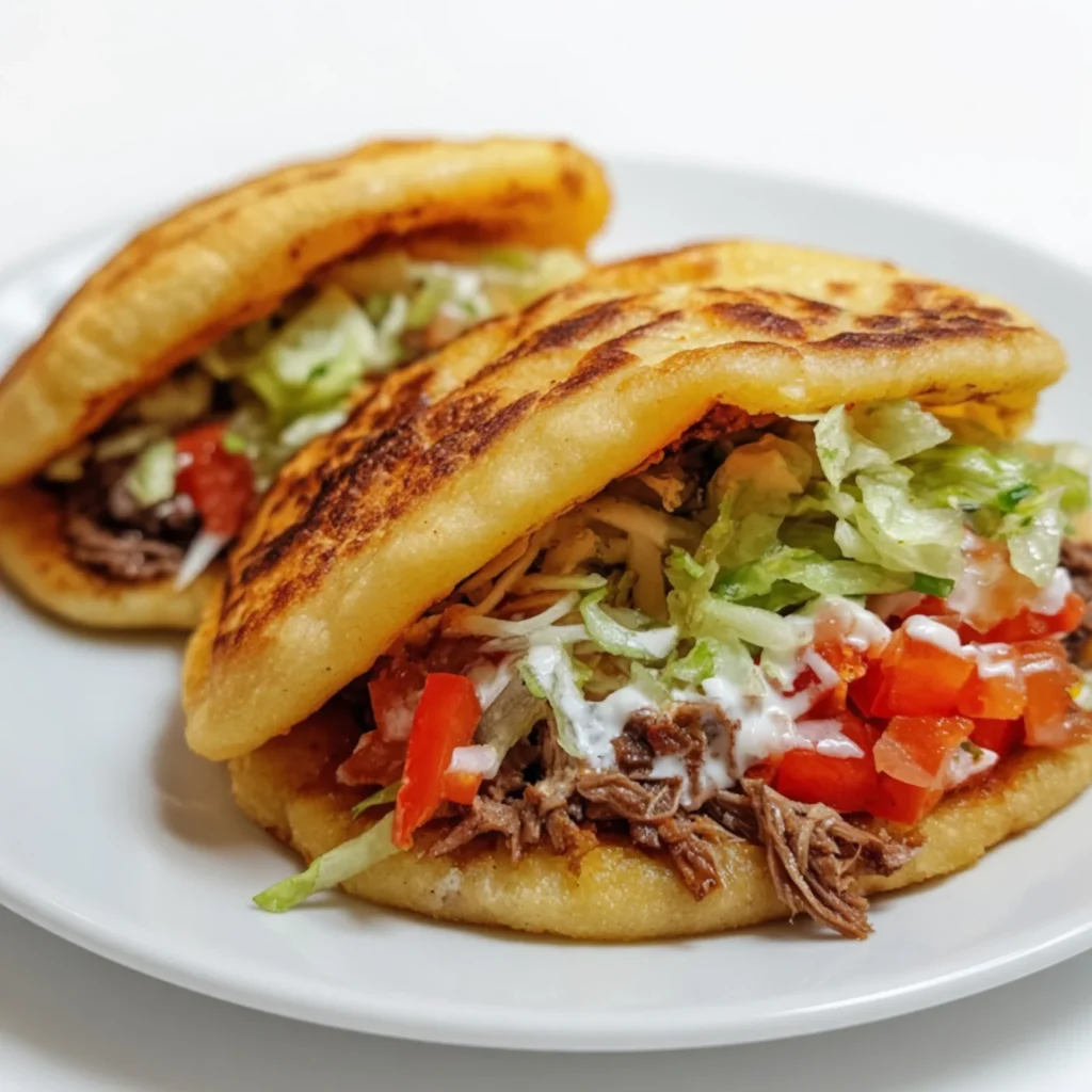 A vibrant stack of authentic Mexican gorditas sliced open and stuffed with shredded beef, lettuce, and crema on a rustic wooden table.