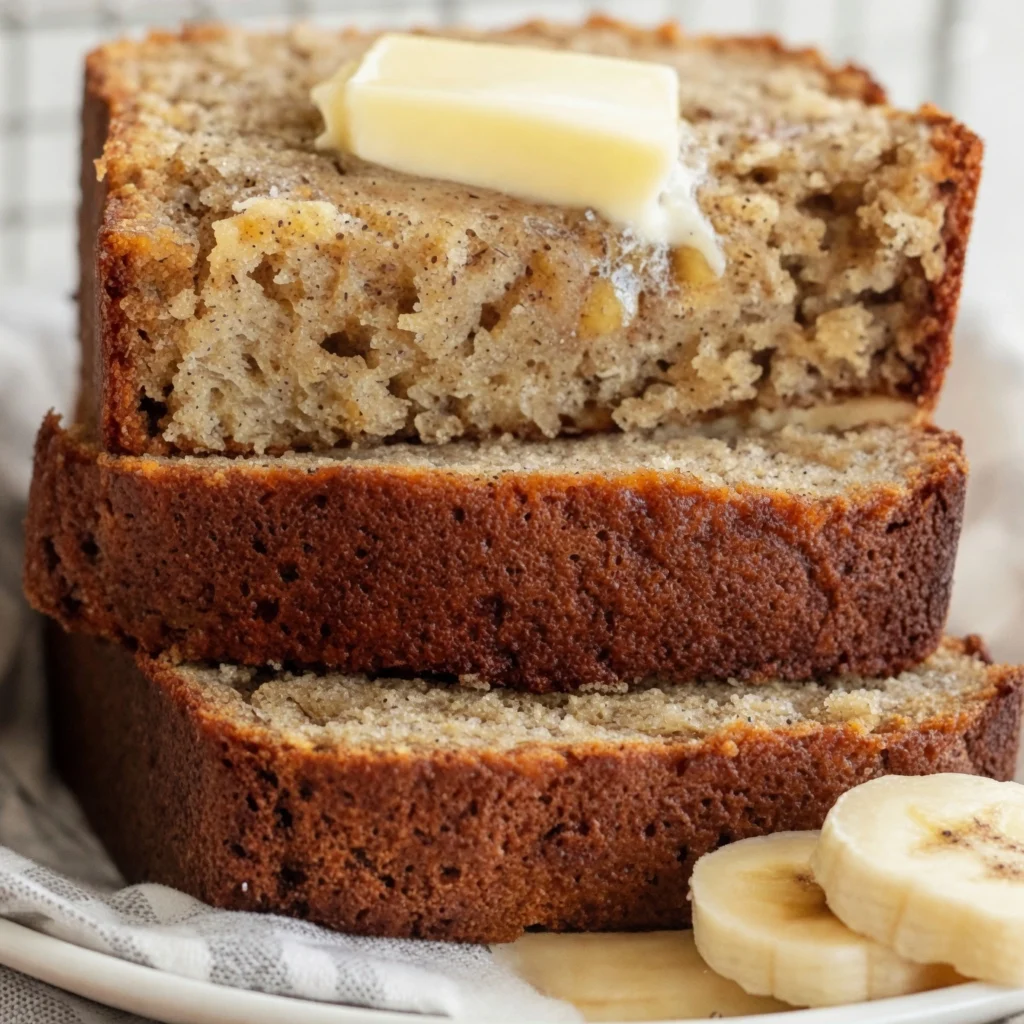 A thick slice of quick banana bread resting on a white ceramic plate next to a cup of coffee.