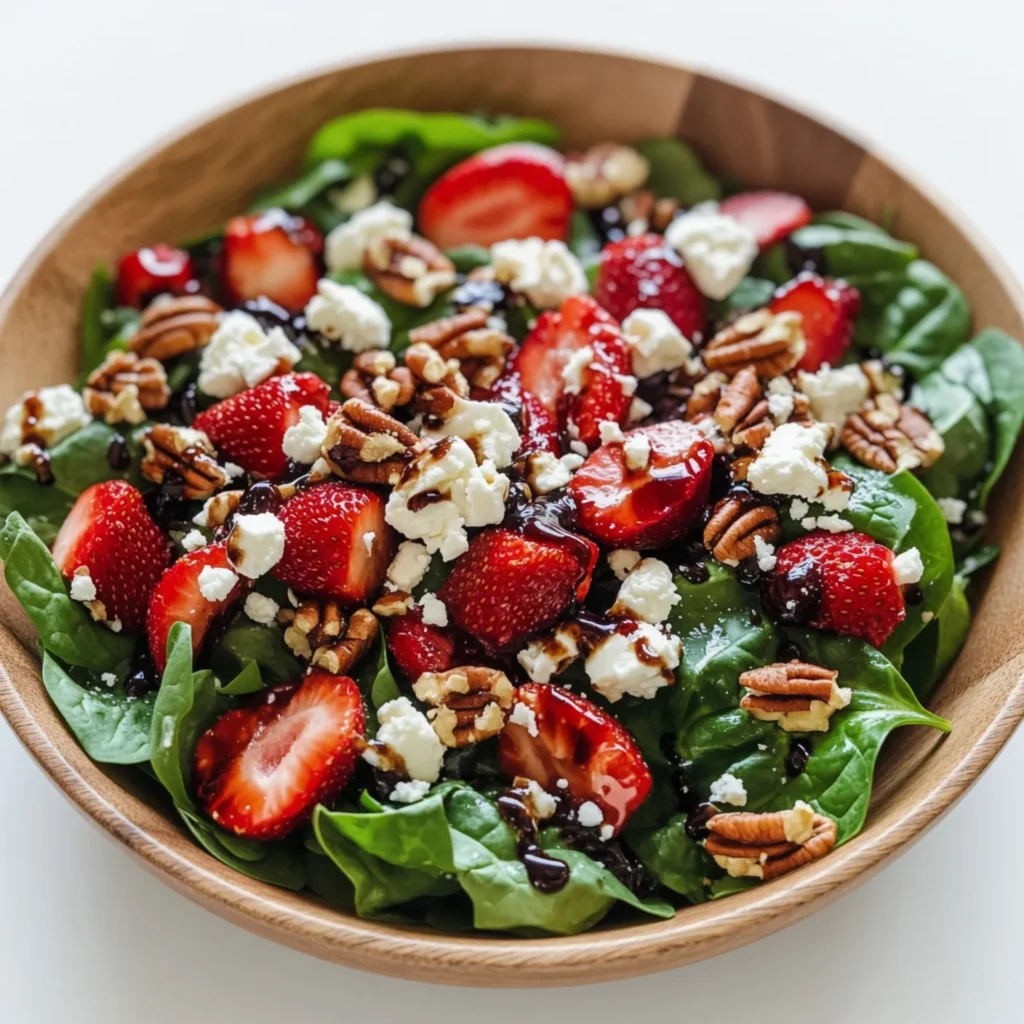 Spinach Strawberry Salad with Pecans is the perfect summer side. Featuring feta, homemade balsamic vinaigrette, and sweet candied nuts. Get the recipe!