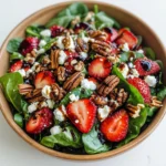 Spinach Strawberry Salad with Pecans is the perfect summer side. Featuring feta, homemade balsamic vinaigrette, and sweet candied nuts. Get the recipe!
