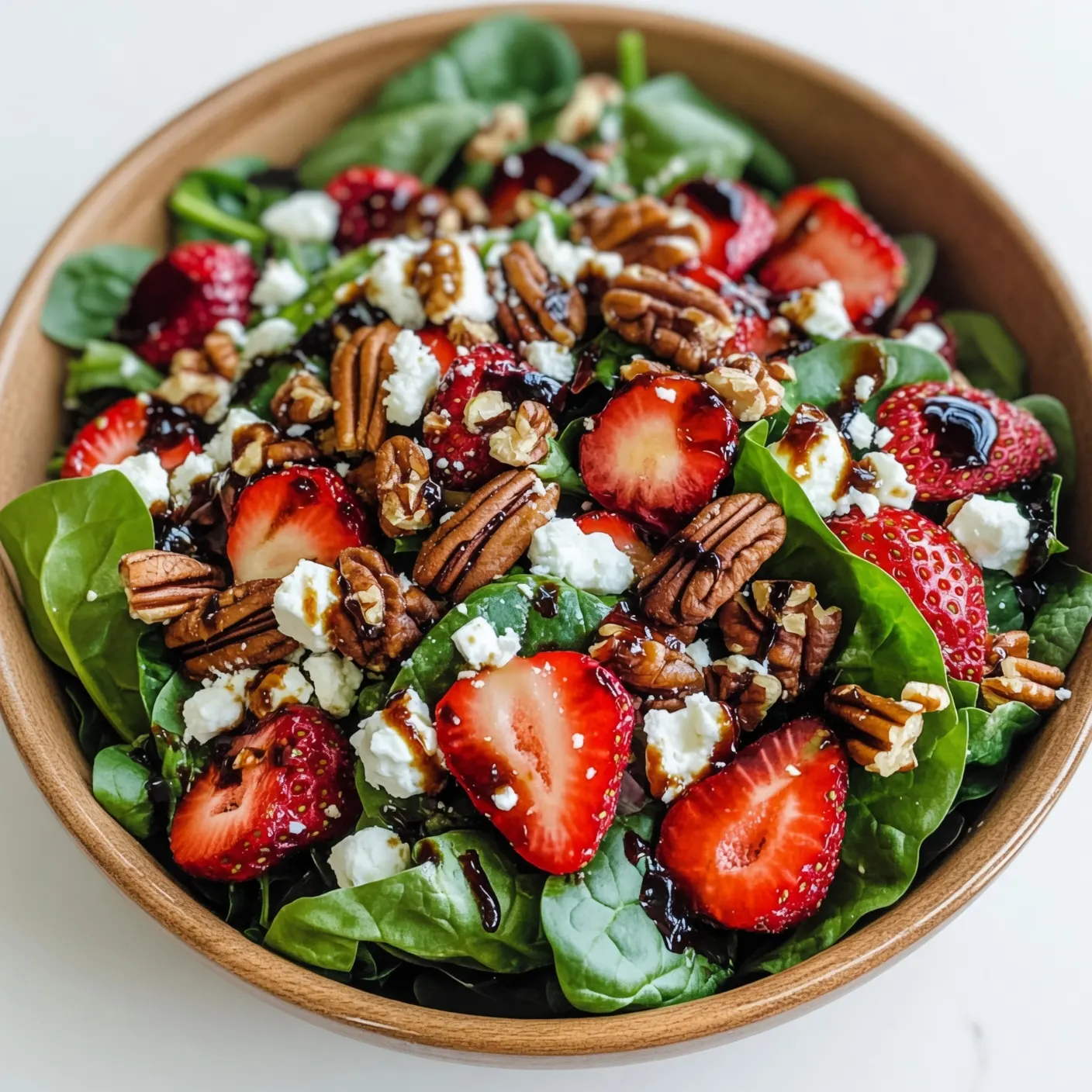 Spinach Strawberry Salad with Pecans is the perfect summer side. Featuring feta, homemade balsamic vinaigrette, and sweet candied nuts. Get the recipe!