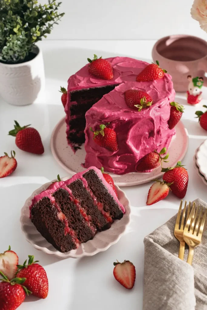 Bake the ultimate strawberry chocolate cake with rich fudgy layers, sweet strawberry jam filling, and fresh strawberry cream cheese frosting. Try it today!