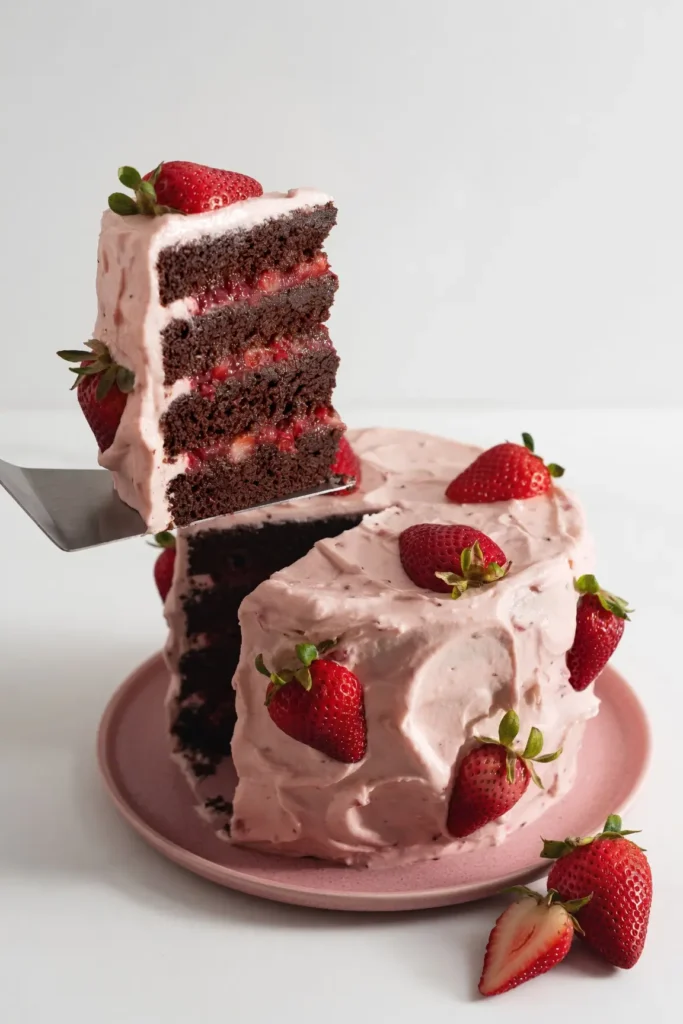 Bake the ultimate strawberry chocolate cake with rich fudgy layers, sweet strawberry jam filling, and fresh strawberry cream cheese frosting. Try it today!