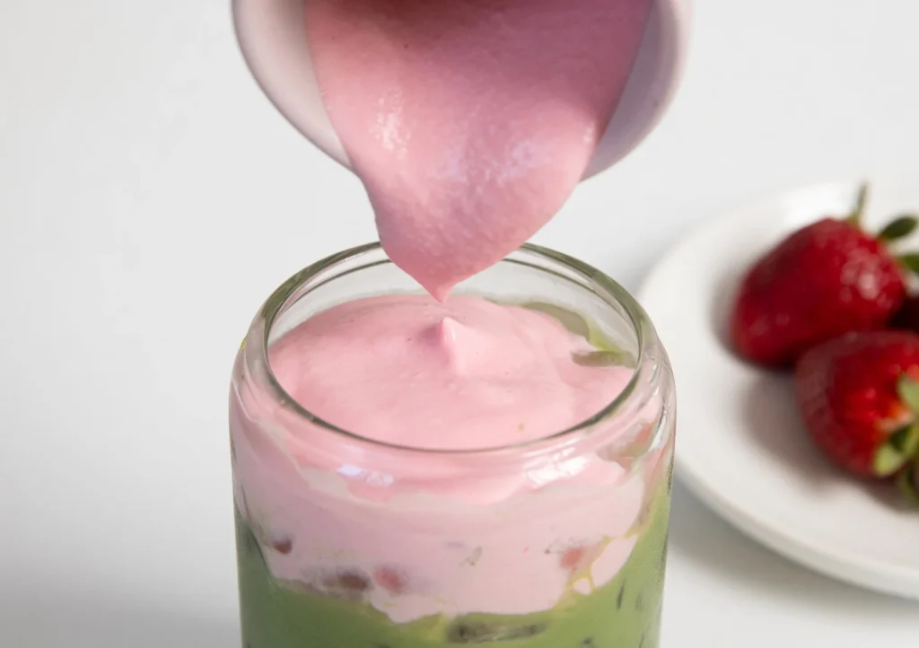 Learn how to make the perfect Strawberry Matcha Latte at home. This refreshing iced drink features a velvety strawberry cold foam and ceremonial grade matcha.