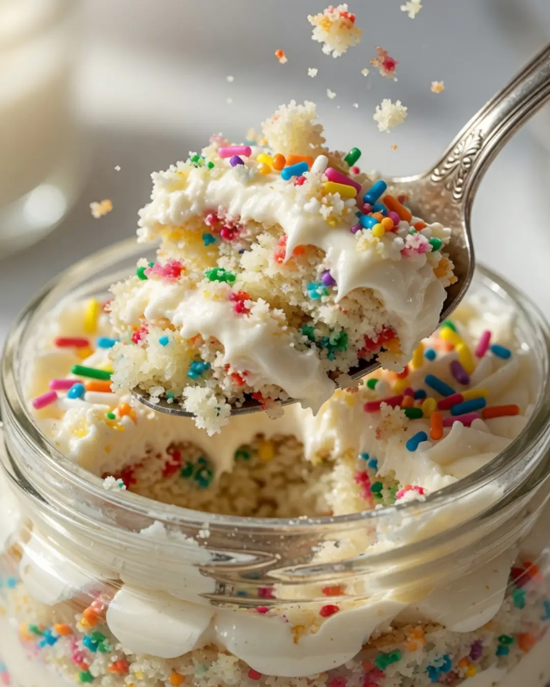 A silver spoon lifting a rich bite of colorful homemade dot cake and white vanilla frosting out of a clear glass jar, with loose sprinkles falling through the air.