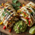 Two halves of a grilled tortilla wrap filled with seasoned chicken, colorful peppers, and melted cheese, drizzled with a creamy sauce and served next to fresh guacamole and a lime wedge, showcasing an applebees chicken fajita rollup recipe.