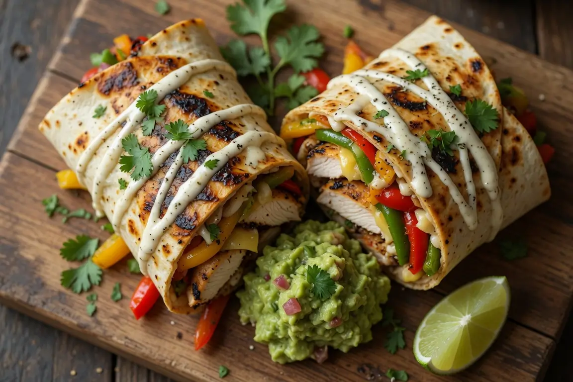 Two halves of a grilled tortilla wrap filled with seasoned chicken, colorful peppers, and melted cheese, drizzled with a creamy sauce and served next to fresh guacamole and a lime wedge, showcasing an applebees chicken fajita rollup recipe.