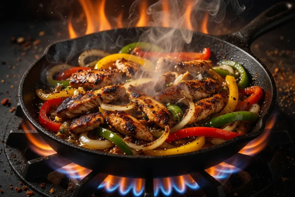 Seasoned chicken strips, sliced onions, and red, yellow, and green bell peppers sizzling and steaming in a hot cast-iron skillet over an open flame, representing the filling prep for an applebees chicken fajita rollup recipe.