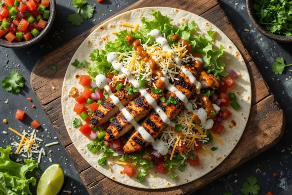An open flour tortilla on a wooden board topped with fresh lettuce, pico de gallo, shredded cheese, grilled chicken strips, and a drizzle of two sauces, showcasing the assembly steps for an Applebee's chicken fajita rollup recipe.