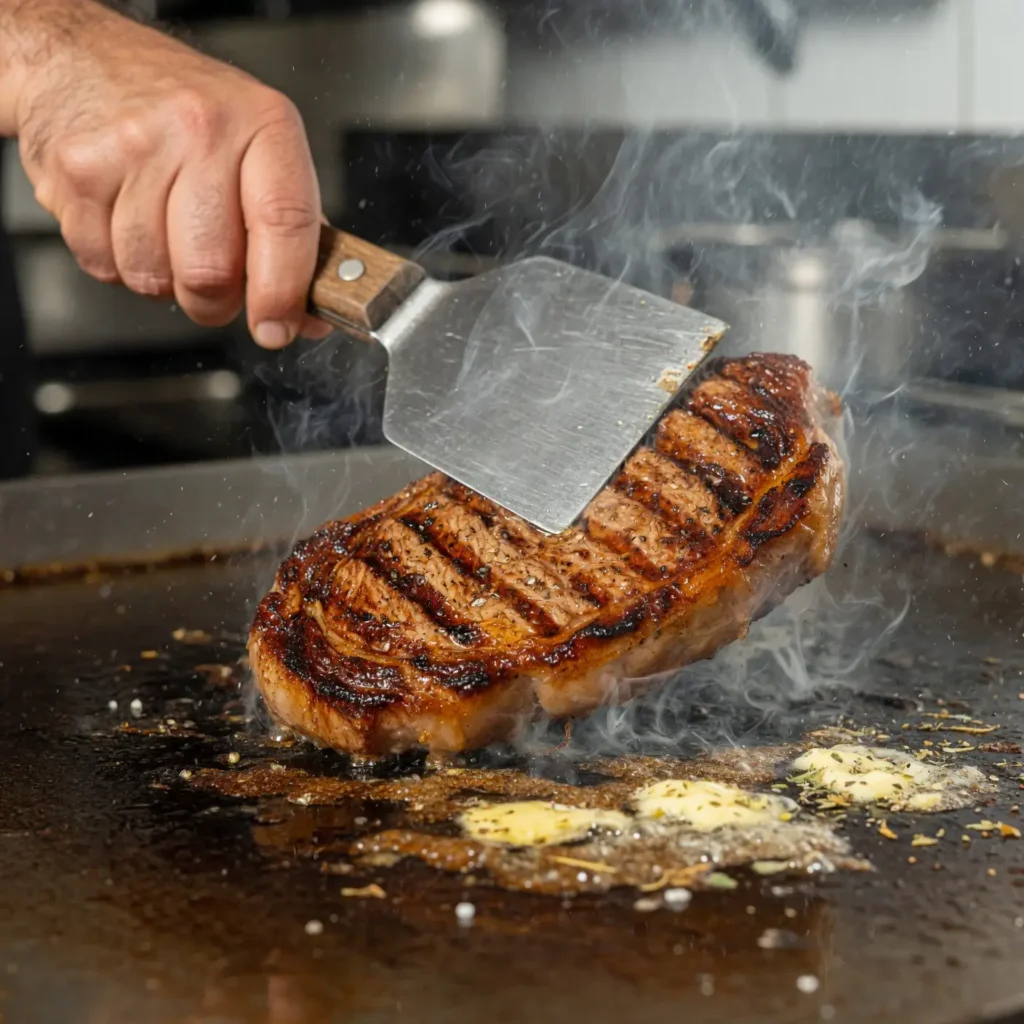Chef using a scraper on a flat top grill to flip a perfectly seared copycat recipe steak.