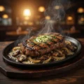 Sizzling applebee's blackstone steak covered in melted garlic butter and mushrooms.