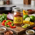 A glass jar filled with homemade fajita seasoning old el paso recipe surrounded by fresh ingredients. with size 11