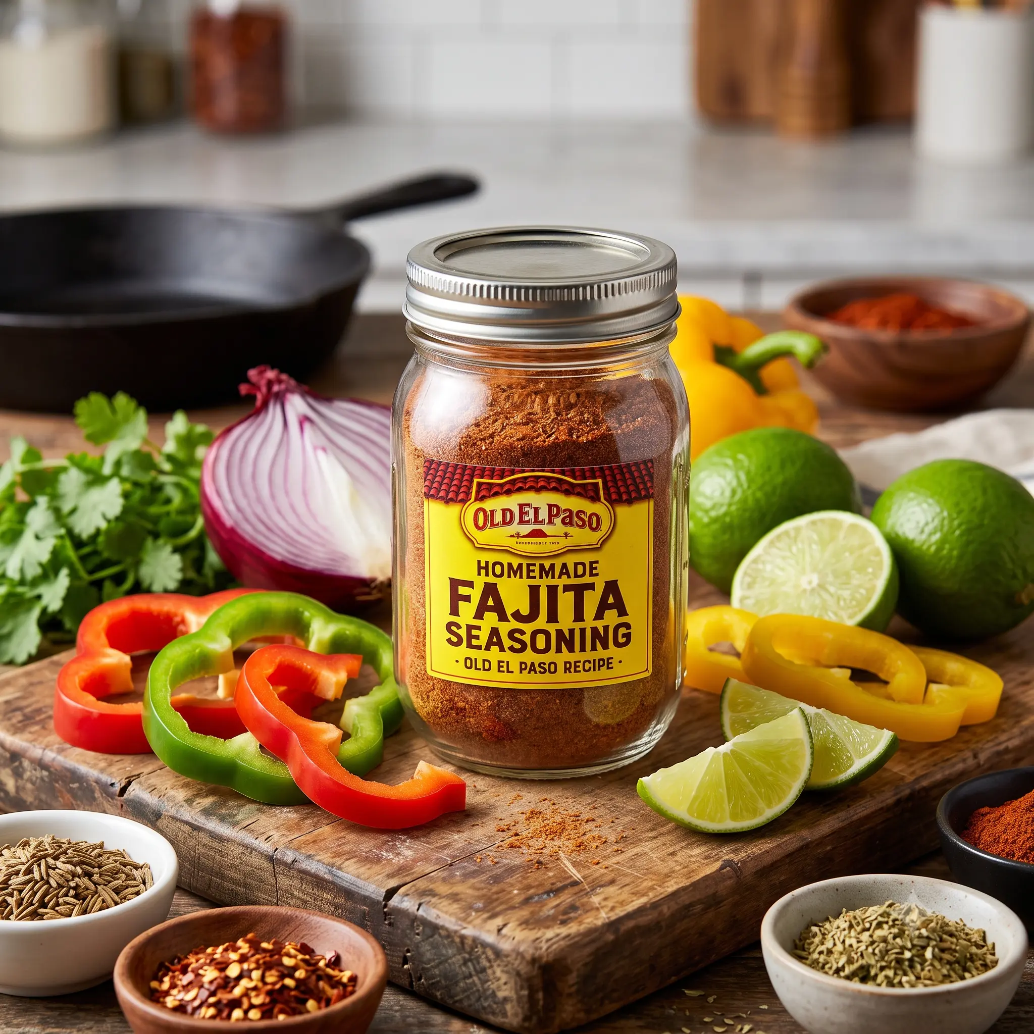 A glass jar filled with homemade fajita seasoning old el paso recipe surrounded by fresh ingredients. with size 11