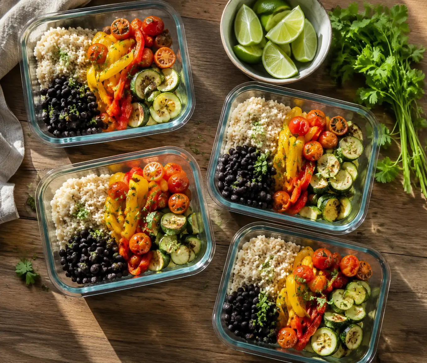 Four glass containers filled with rice, black beans, and colorful roasted vegetables on a wooden table, showcasing an easy vegetarian meal prep.