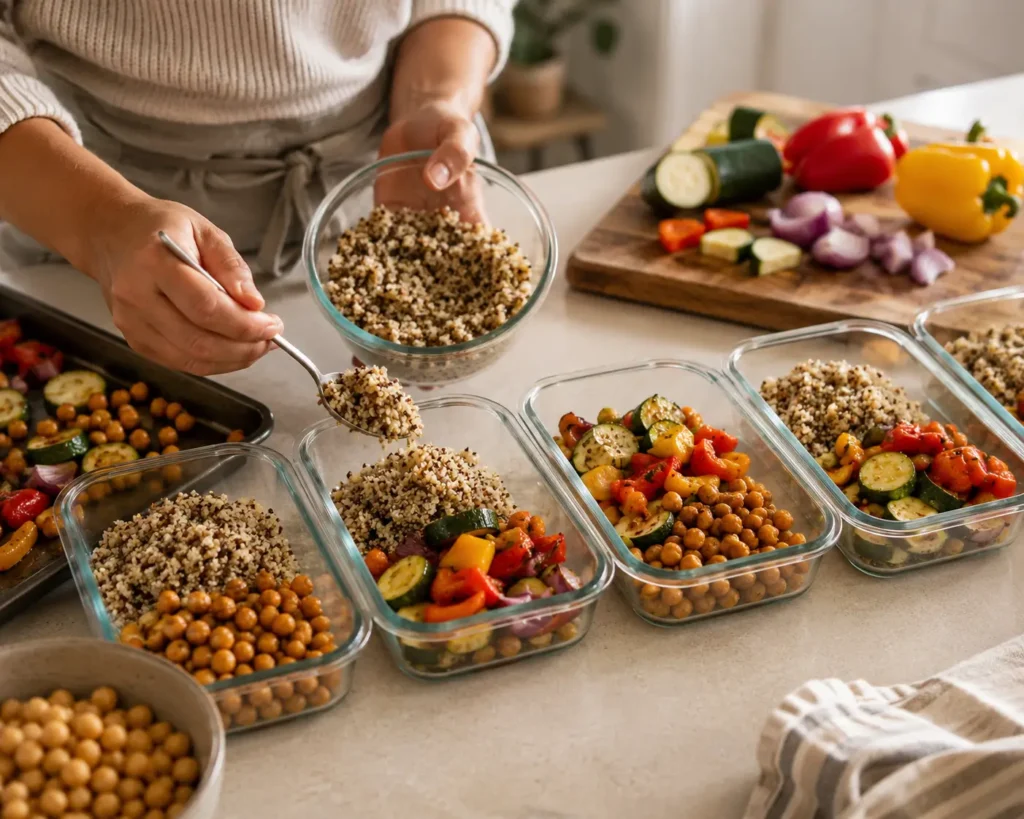 A person wearing an apron scooping quinoa into glass containers filled with roasted chickpeas and vegetables, demonstrating an easy vegetarian meal prep routine in a kitchen.